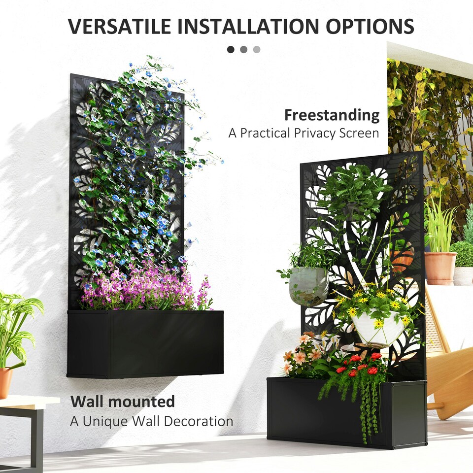 image 1 of Outsunny Metal Raised Garden Bed with Trellis, Elevated Planter Box Black