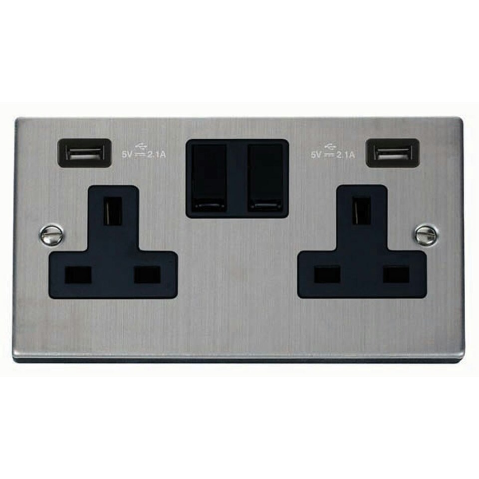 SE HOME Stainless Steel 2 Gang 13A 2 USB Twin Double Switched Plug Socket Black | Stainless Steel
