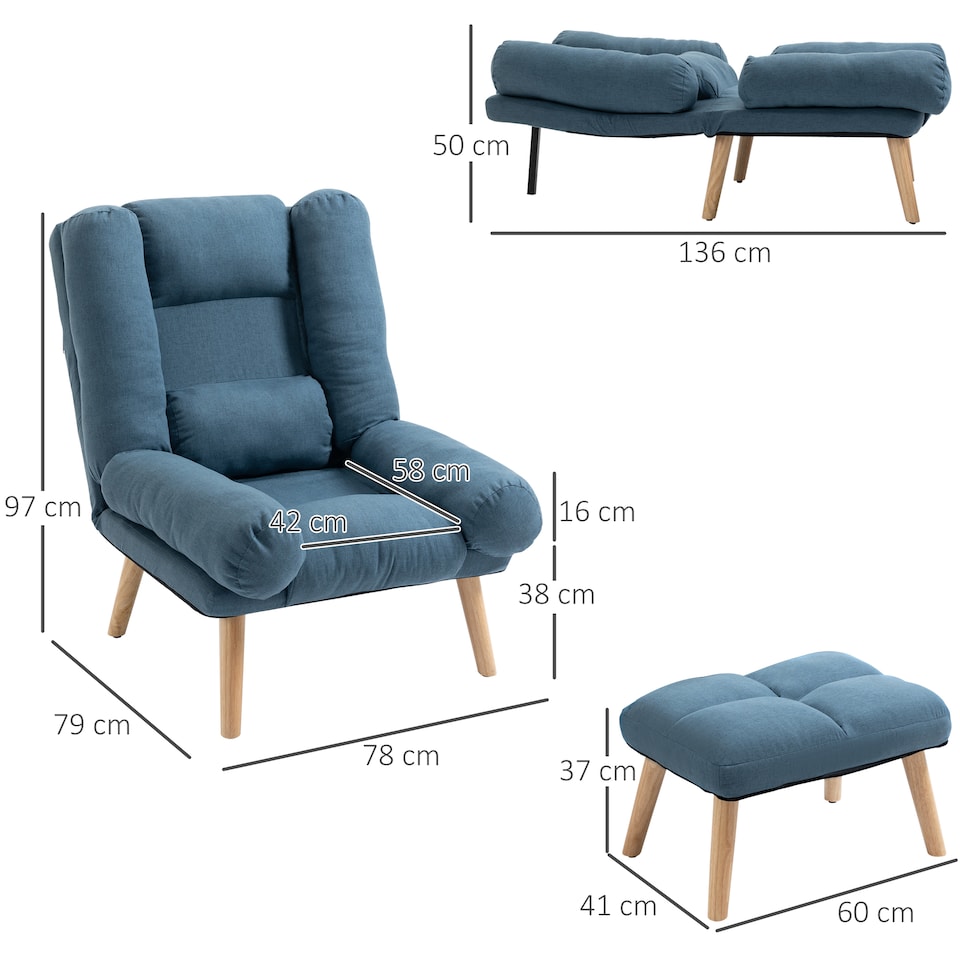 image 1 of HOMCOM Recliner with Footstool, Reclining Chair with Adjustable Back, Blue