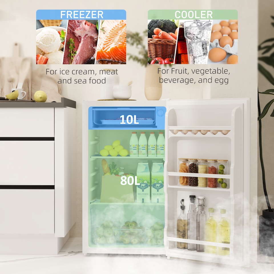 image 1 of HOMCOM Under Counter Fridge, 91L Small Fridge with Lock, Chiller Box, Removable Shelf, Reversible Door, Adjustable Legs, Mini Refrigerator, White