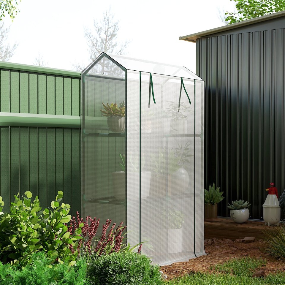 image 1 of Outsunny 3 Tier Mini Greenhouse with PE Cover, Roll-Up Door, White