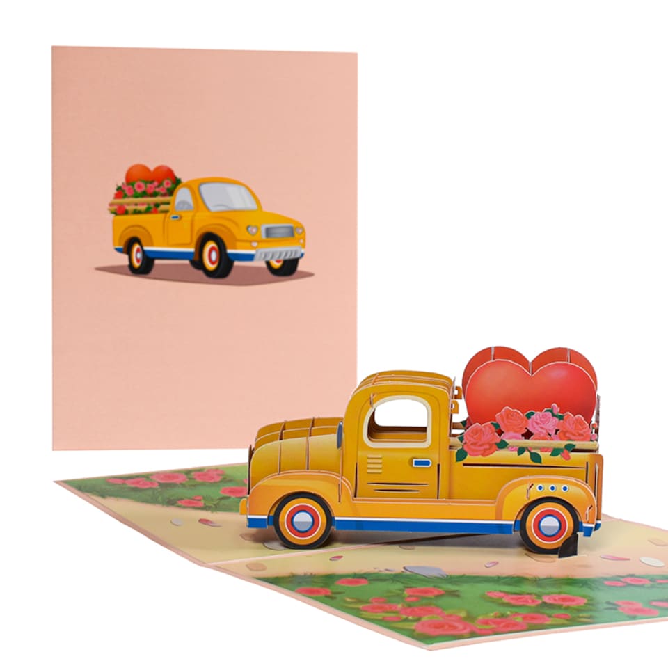 image 1 of Yellow Vintage Truck with Heart and Roses 3D Pop Up Greeting Card