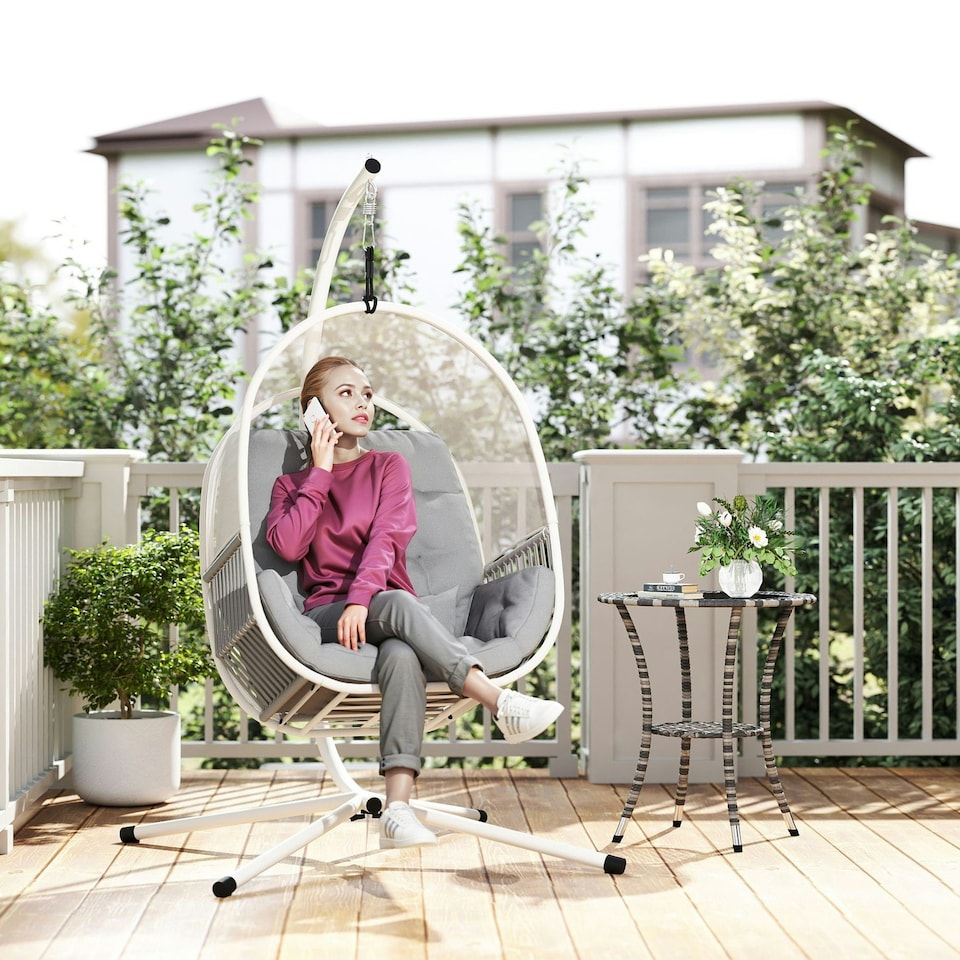 image 1 of Outsunny Hanging Egg Chair w/Stand & Cushions, Dark Grey Grey | Light Grey