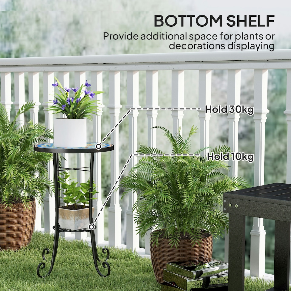 image 1 of Outsunny 35.5cm Round Mosaic Garden Side Table Plant Stand w/ Shelf Blue | Blue