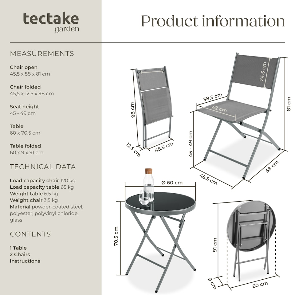image 1 of Garden Table and Chairs - 2 person bistro set, foldable, weather-resistant | Grey | grey | 45,50 x 58 x 81 cm | 1