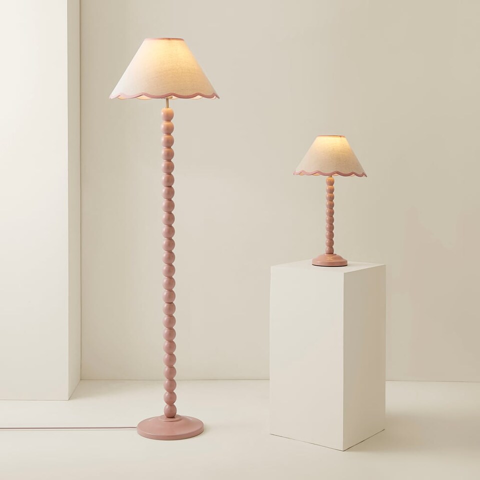 image 1 of ValueLights Bobbles Rose Pink Table Lamp Pink Trim Scallop Shade & Bulb | Pink