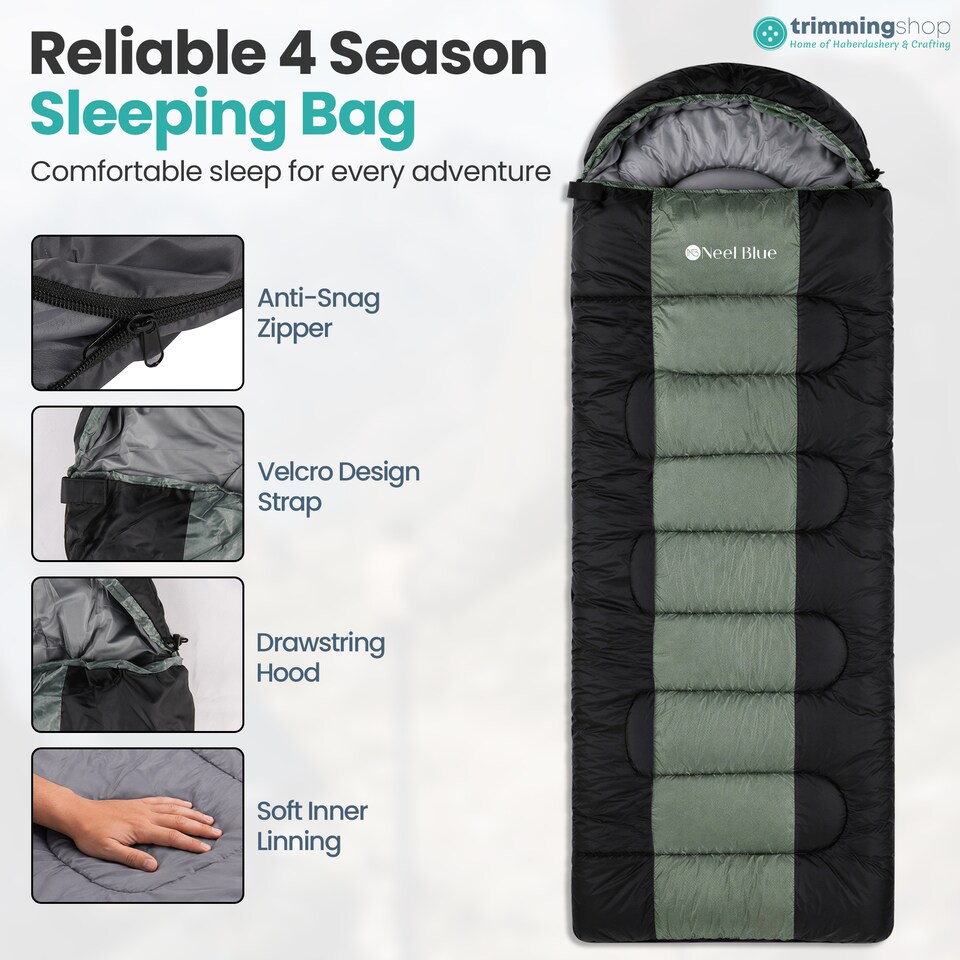 image 1 of 420GSM Hooded Sleeping Bag, Straight Design Waterproof Gear - Green & Black