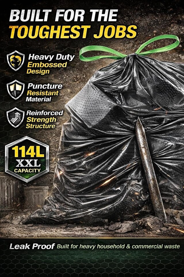 image 1 of Hero Webtech Super Strong Black Embossed Drawstring Bin Bags 114L – 28 Heavy Duty Tear-Resistant Refuse Sacks