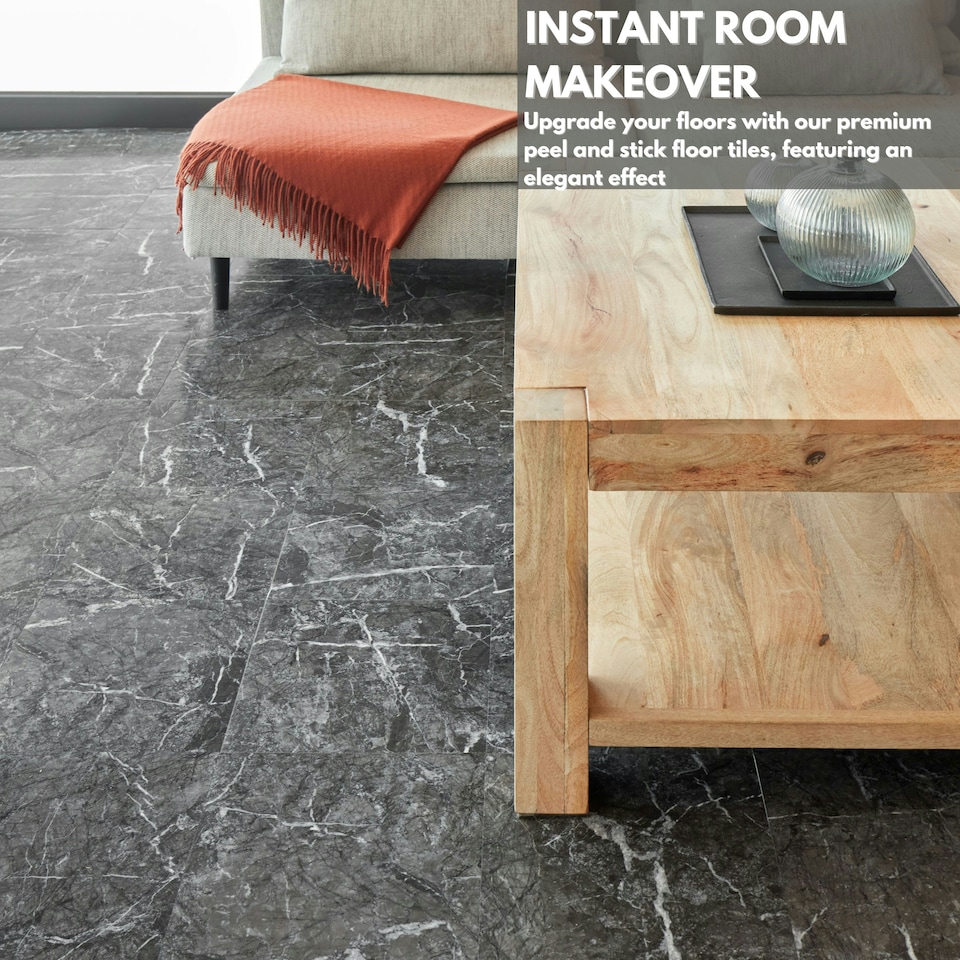 image 1 of NOVECRAFTO Self Adhesive Vinyl Floor Tiles - 12x12 in (30.5x30.5cm) - Waterproof 1.5mm Thick Peel & Stick Flooring - Luxe Marble Effect for Kitchen | Black | 5.57 sqm