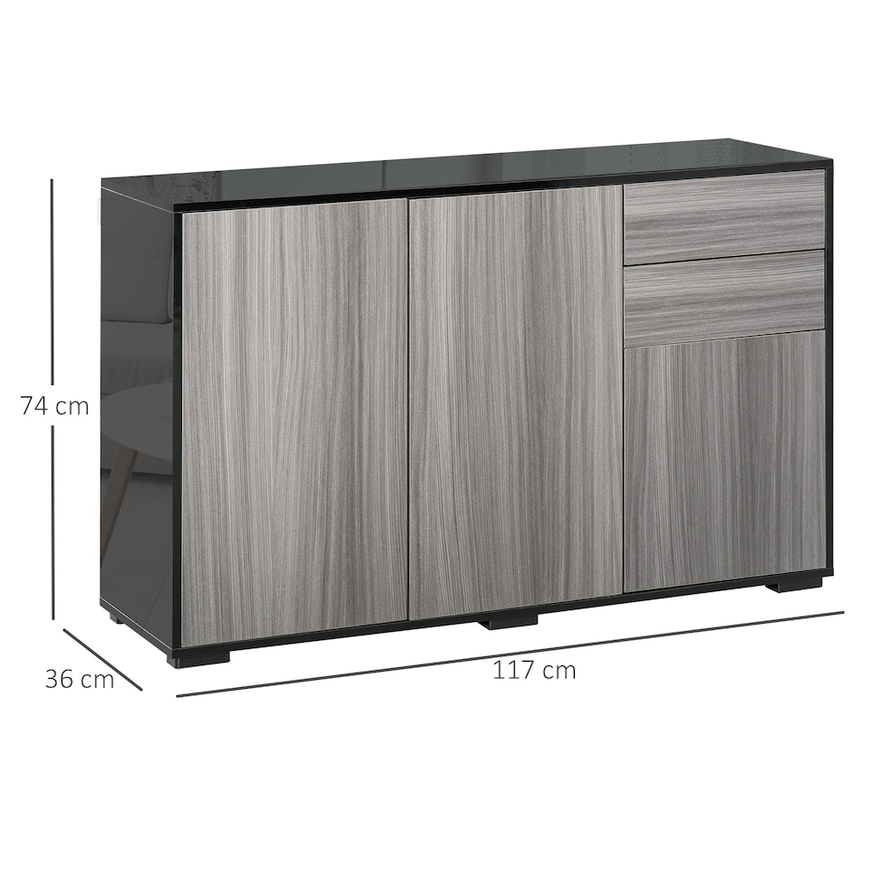 image 1 of HOMCOM High Gloss Frame Sideboard, Side Cabinet, Push-Open Design with 2 Drawer for Living Room, Bedroom, Light Grey and Black | Grey | Grey
