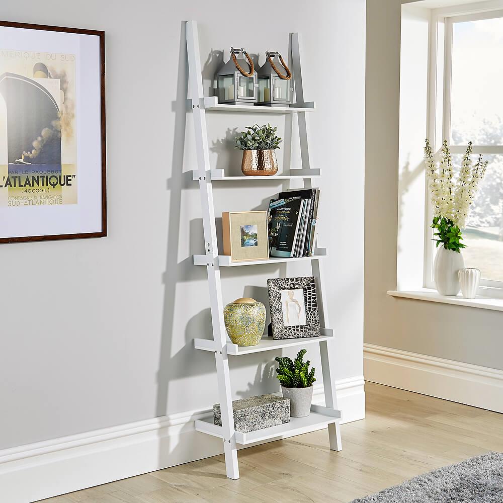 Ladder Shelf Bookcase 3 or 5 Tier Storage Shelving Unit Display Stand | White