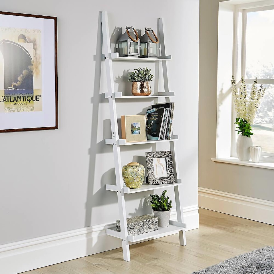 image 1 of Ladder Shelf Bookcase 3 or 5 Tier Storage Shelving Unit Display Stand | White