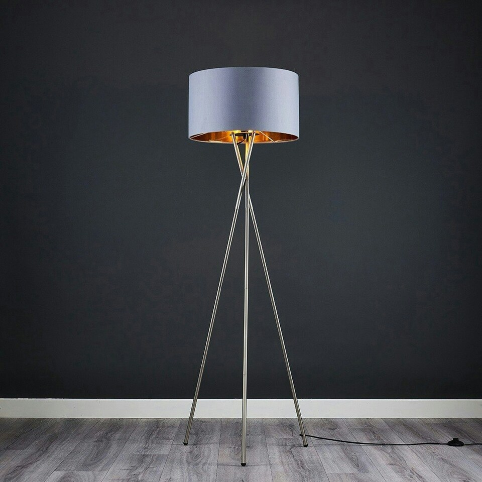 image 1 of ValueLights Camden Brushed Chrome Tripod Floor Lamp Grey & Gold Shade Grey