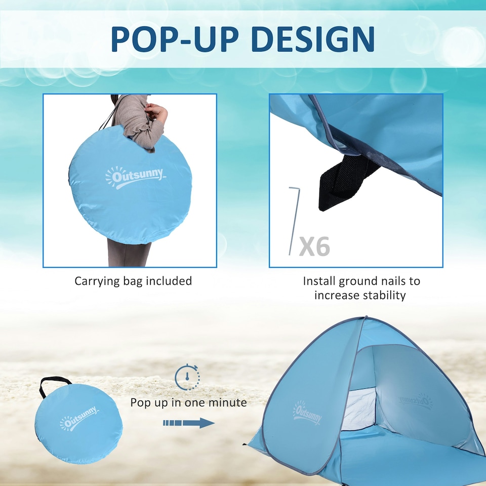 image 1 of Outsunny 2-3 Person Pop up Tent Instant Camping Tent Sun Shade Shelter Blue