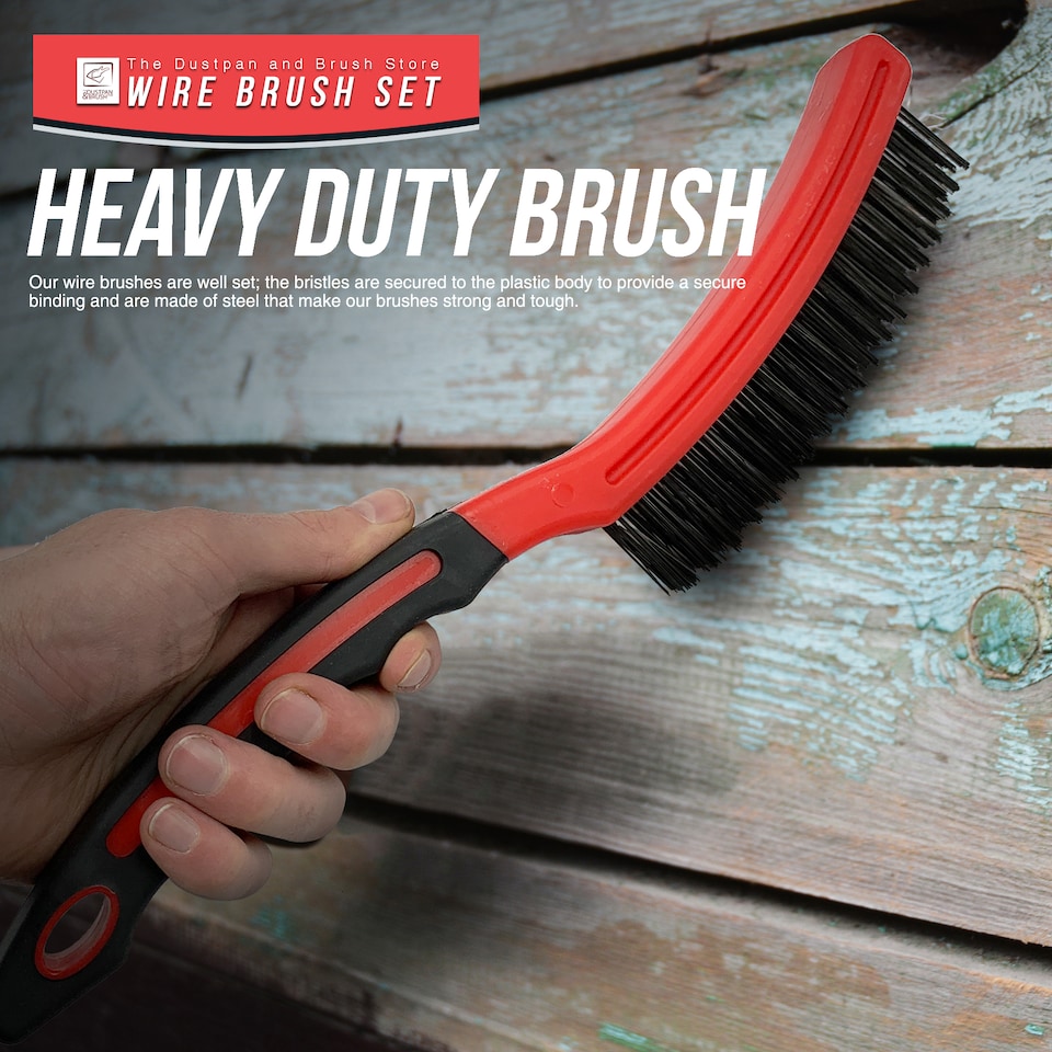 image 1 of Heavy Duty Wire Brush Set Steel Bristle Long Handle, D-Grip Block Rust & Paint Removal Kit