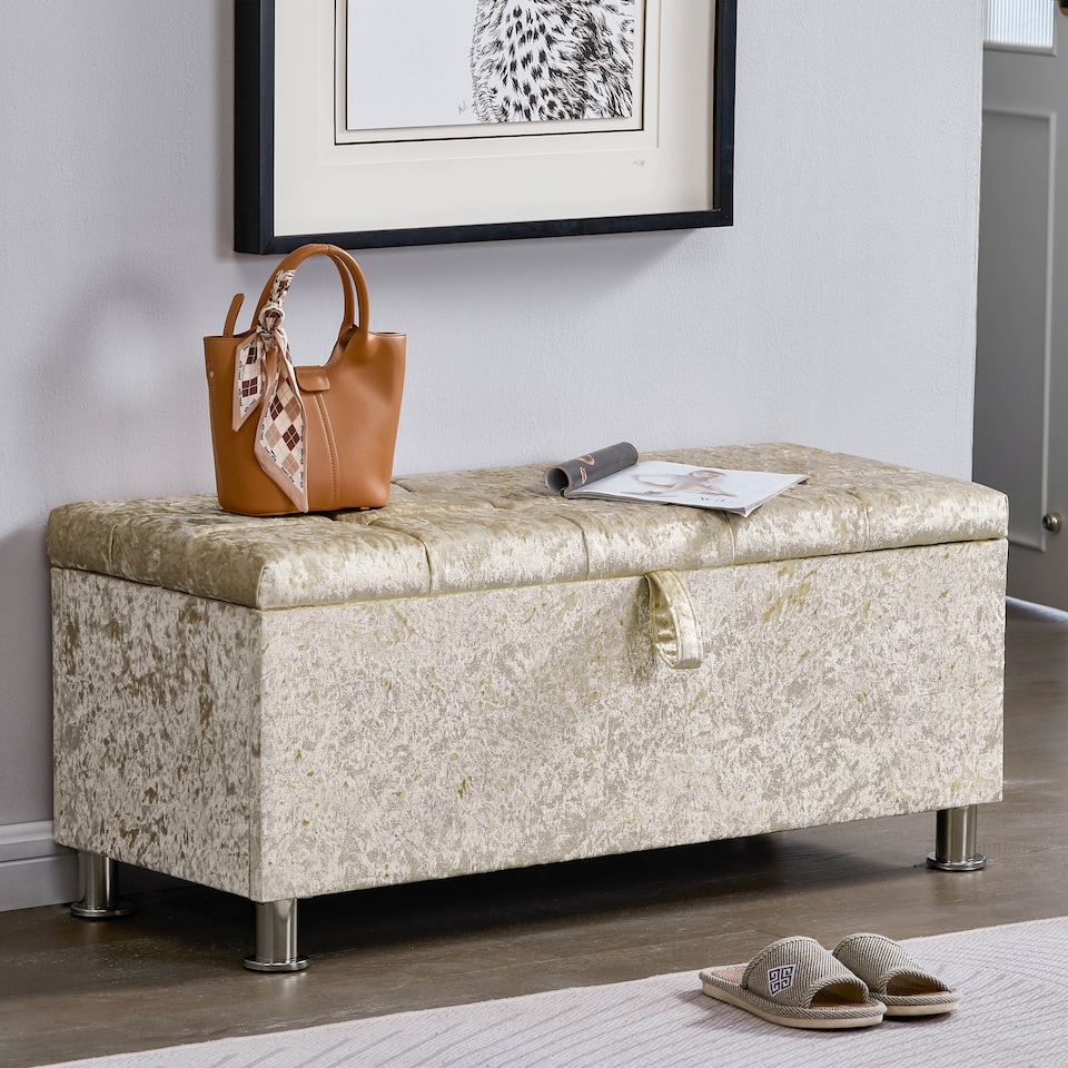 image 1 of Vida Designs Valencia Storage Ottoman Bedroom Hallway Chest Bench, Crushed Velvet Champagne | Yellow | Champagne