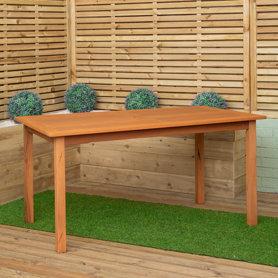 image 1 of Outdoor 6 Person Rectangular Wooden Garden Patio Dining Table Chairs with Black Parasol and Base Set