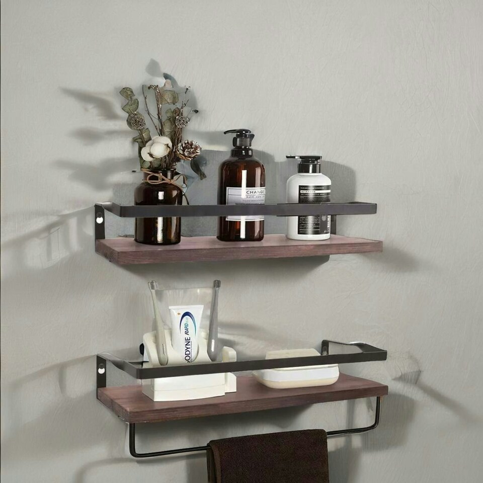 image 1 of Industrial 2PC Tier Wooden Floating Shelves with Hanging Rail Brown