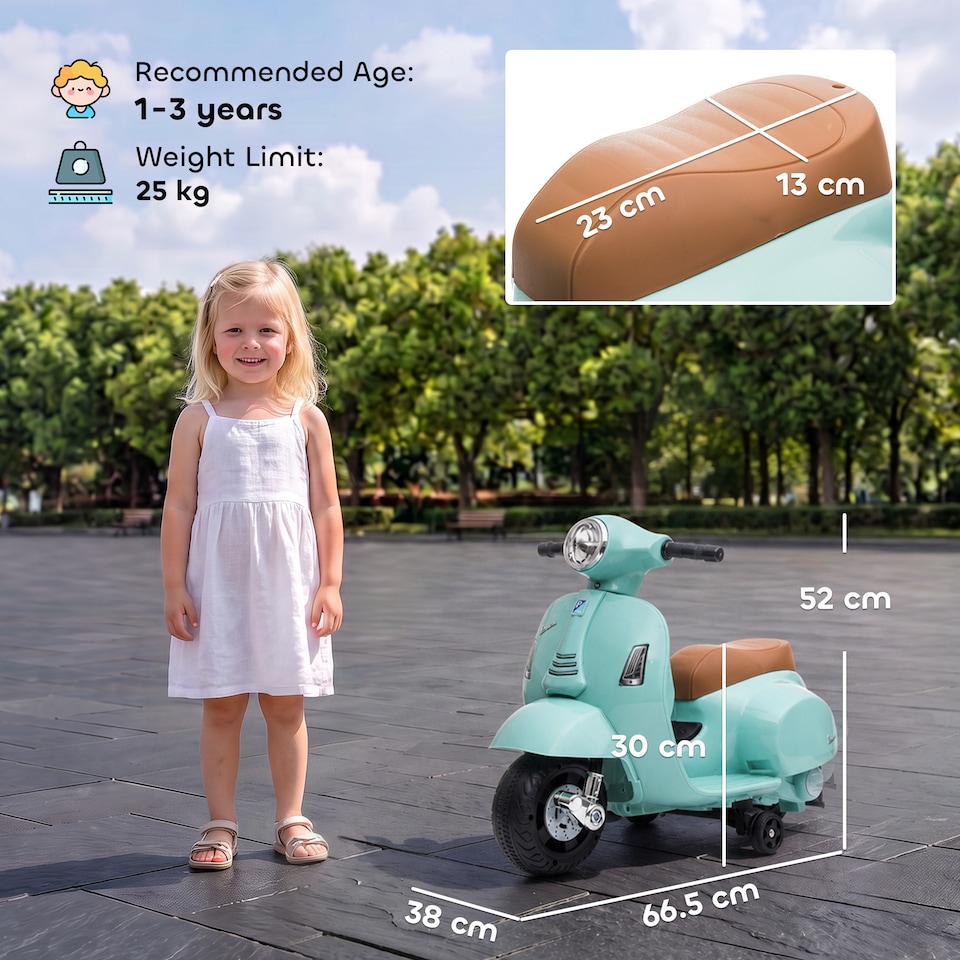 image 1 of HOMCOM Vespa Licensed Kids Ride On Motorcycle, 6V Battery Powered, Green