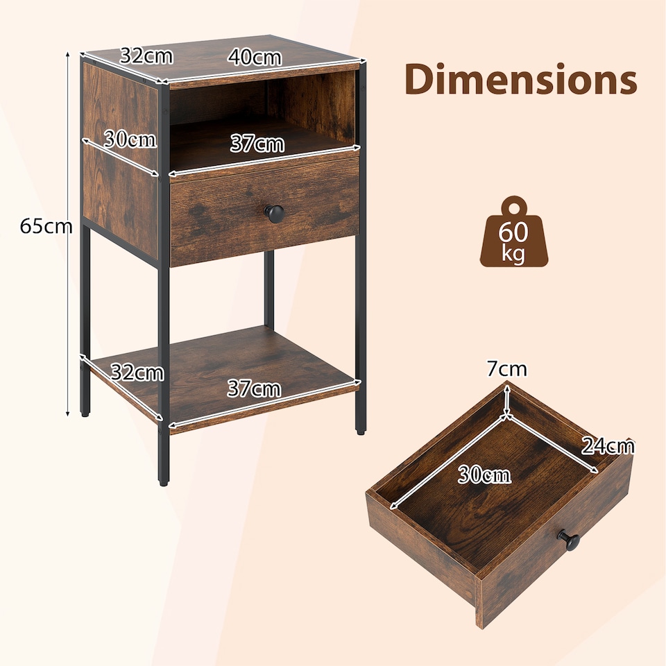 image 1 of COSTWAY Nightstand with drawer Open Compartment Brown