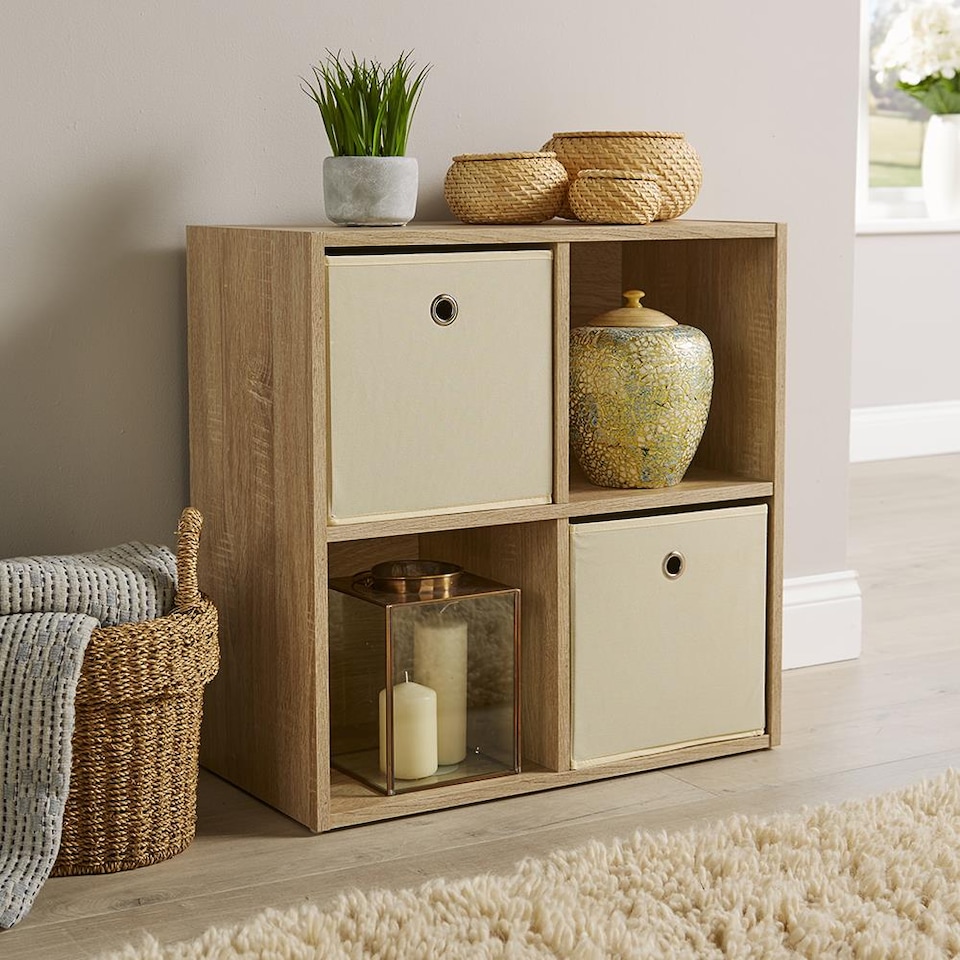 image 1 of Storage Cube 4 Shelf Bookcase Wooden Display Unit Organiser Home | Brown | Oak