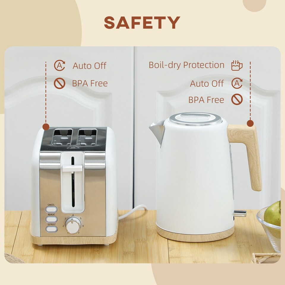 image 1 of HOMCOM 1.7L Electric Fast Boil Kettle and 2 Slice Toaster Set, White
