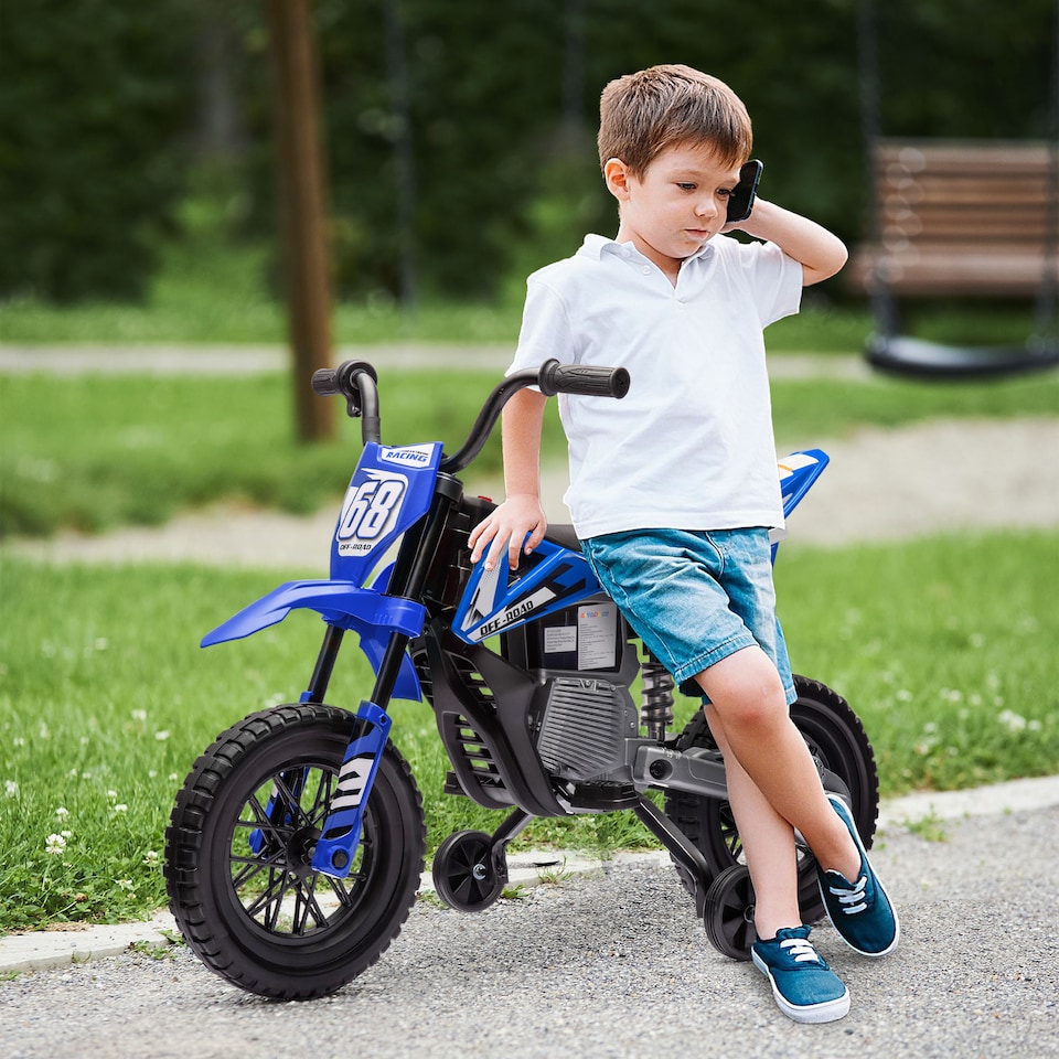 image 1 of AIYAPLAY 12V Kids Electric Motorbike, Kids Electric Ride on Motorcycle, Battery Powered Toy with Twist Grip Throttle, Training Wheels, Suspension System, Music, Blue