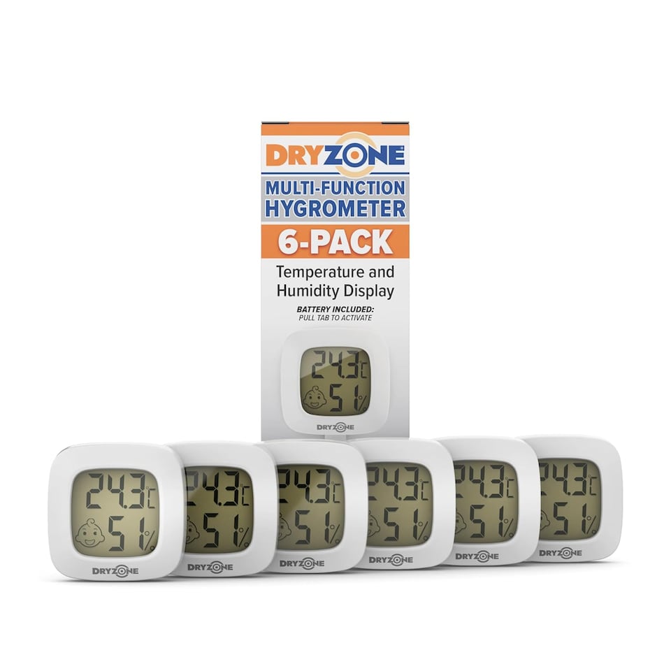 image 1 of Dryzone Digital Hygrometer (White, 6-Pack) Mini Magnetic Temperature & Humidity Monitor with Emoticon Display Battery Included