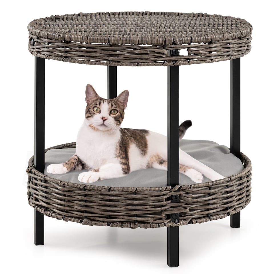 image 1 of COSTWAY 2-tier Rattan Cat Nest Wicker Kitten House Raised Kitty Bed-Grey