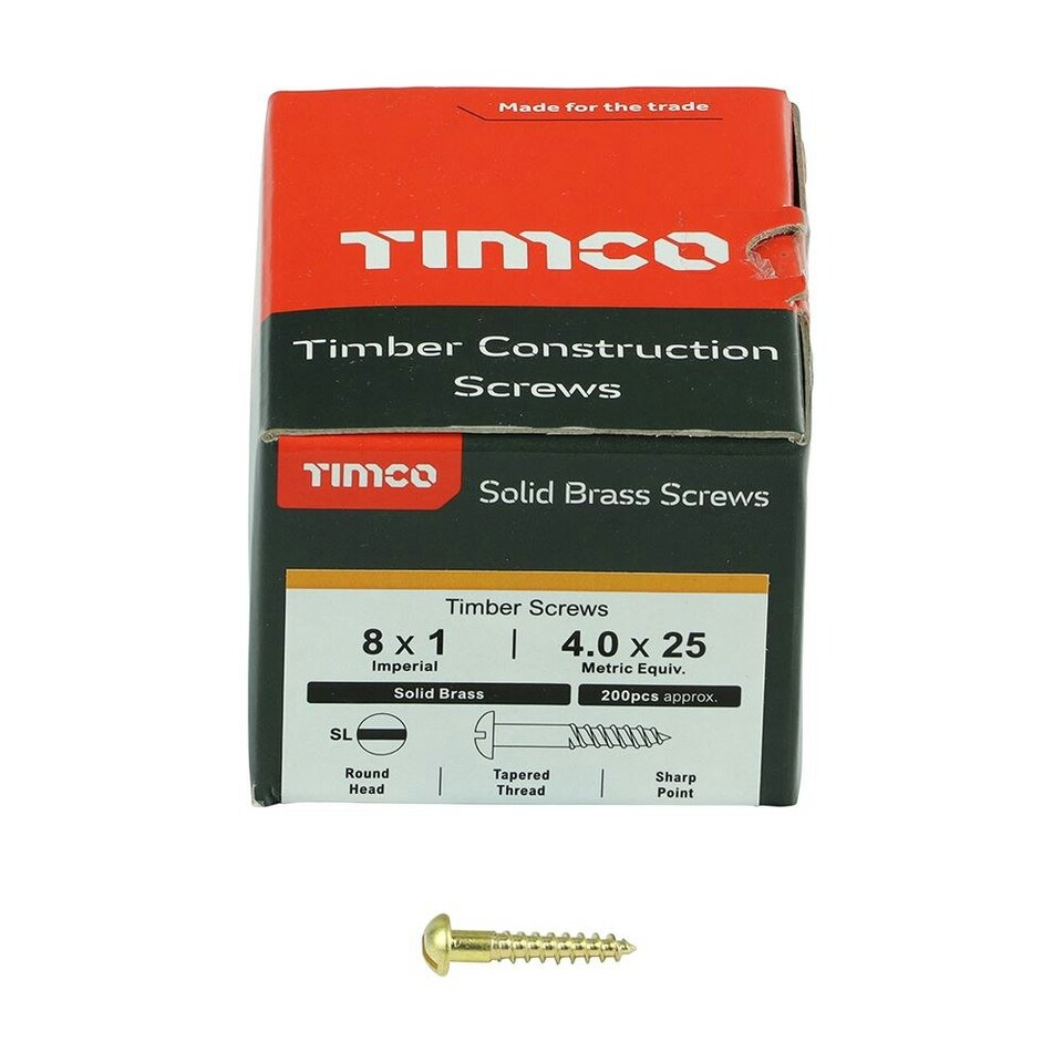 image 1 of Timco - Solid Brass Timber Screws - SLOT - Round (Size 8 x 1 - 200 Pieces)