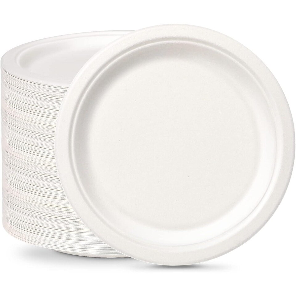 image 1 of ECONX 9 Inch Disposable Sugarcane Bagasse Plates Round Paper Plates Pack of 200