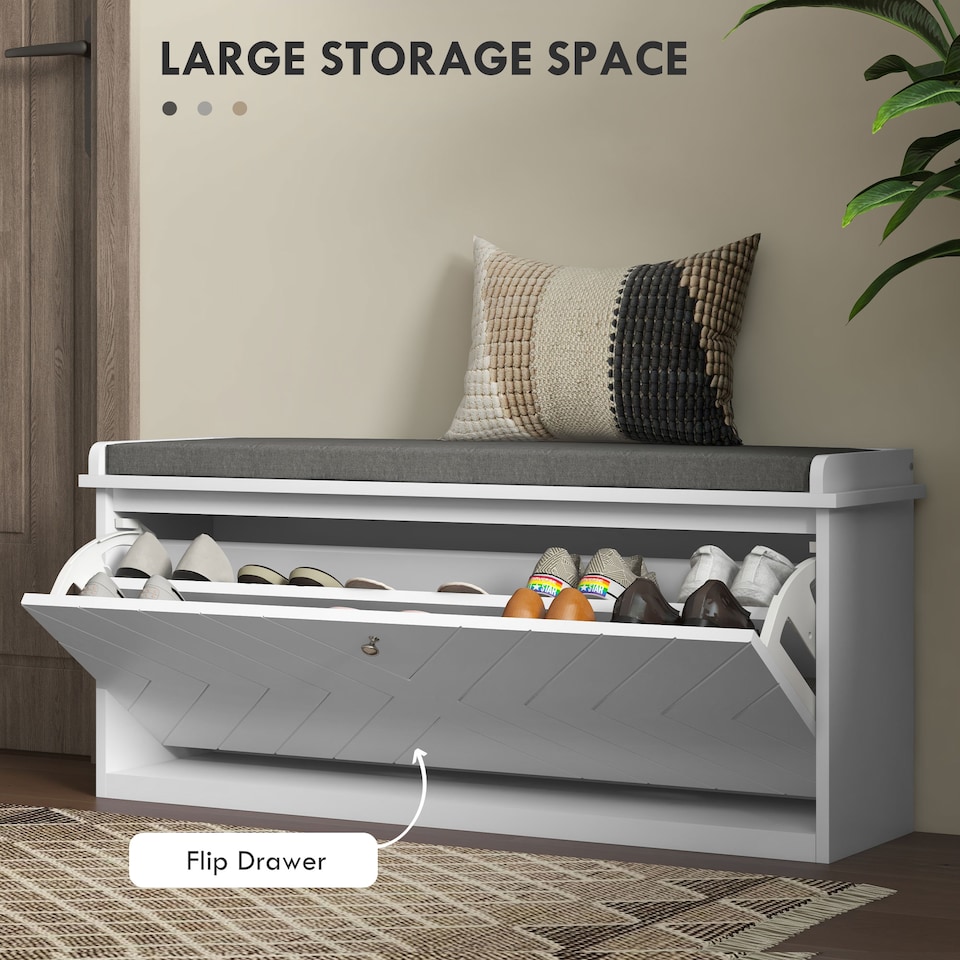 image 1 of HOMCOM Shoe Bench with Flip Drawer, Cushion, 10 Pairs for Entryway White