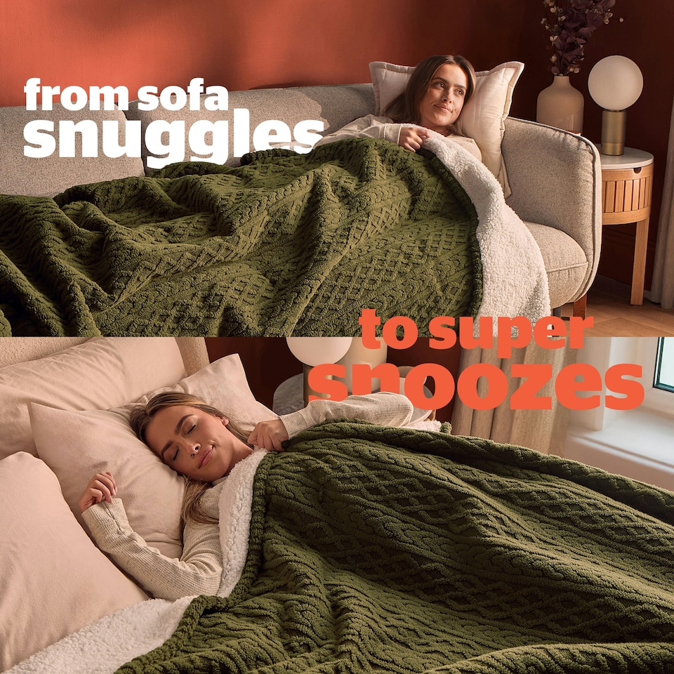 image 1 of Silentnight Heat Genie Self Heating Giant Blanket Green Cable Knit Green