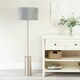 image 1 of ValueLights Lexy Grey Velvet Drum Shade with Brushed Chrome Dimmable Floor Lamp with LED Bulb