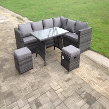 Dark Mixed Grey Rattan Garden Outdoor Corner Sofa Set Rectangular Dining Table Small Footstools 8 Seater