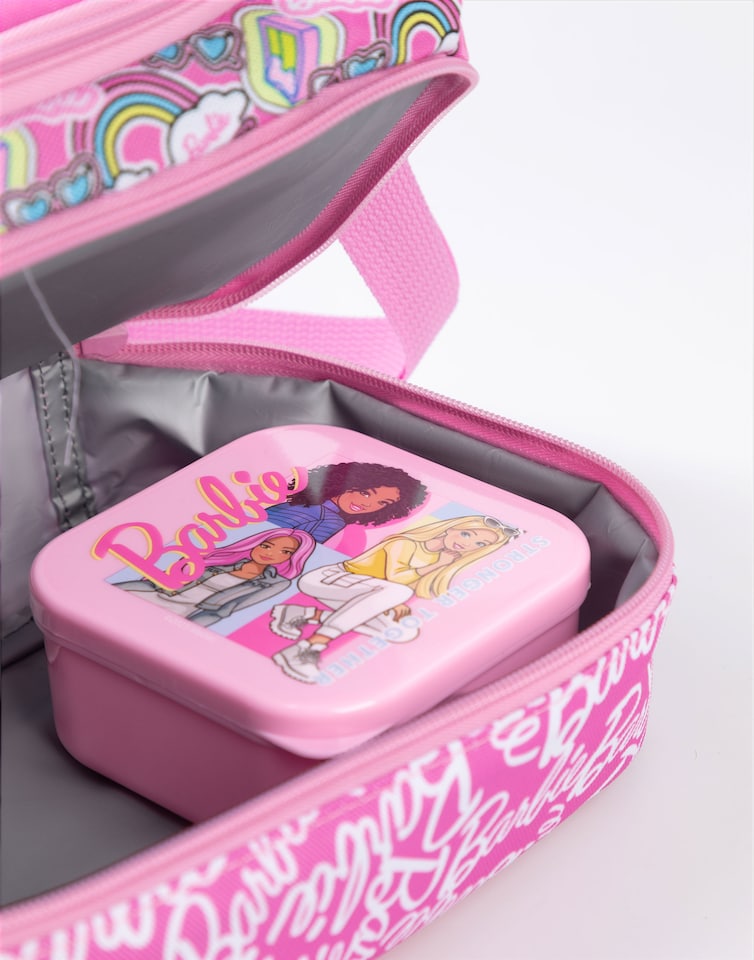 image 1 of Barbie Girls Pink Lunch Bag with Bottle & Snack Pot | Stronger Together Zip-Up Carry Set | Adjustable Shoulder Strap | Back to School Cartoon Graphic Design | Barbie Merch