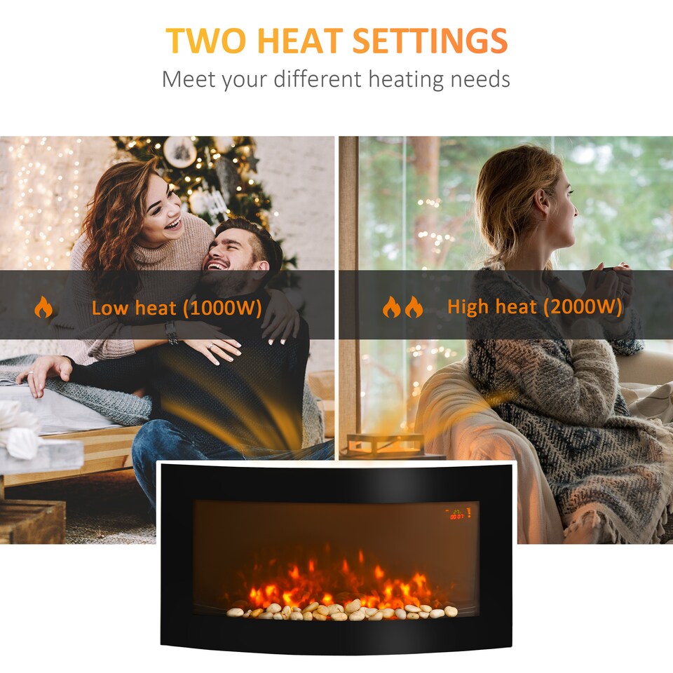 image 1 of HOMCOM Led Wall Mounted Fireplace Curved Glass Electric Fire Place Fire Place 7 Colour Side Lights Slimline, 10002000W, 89.2cm  48cm