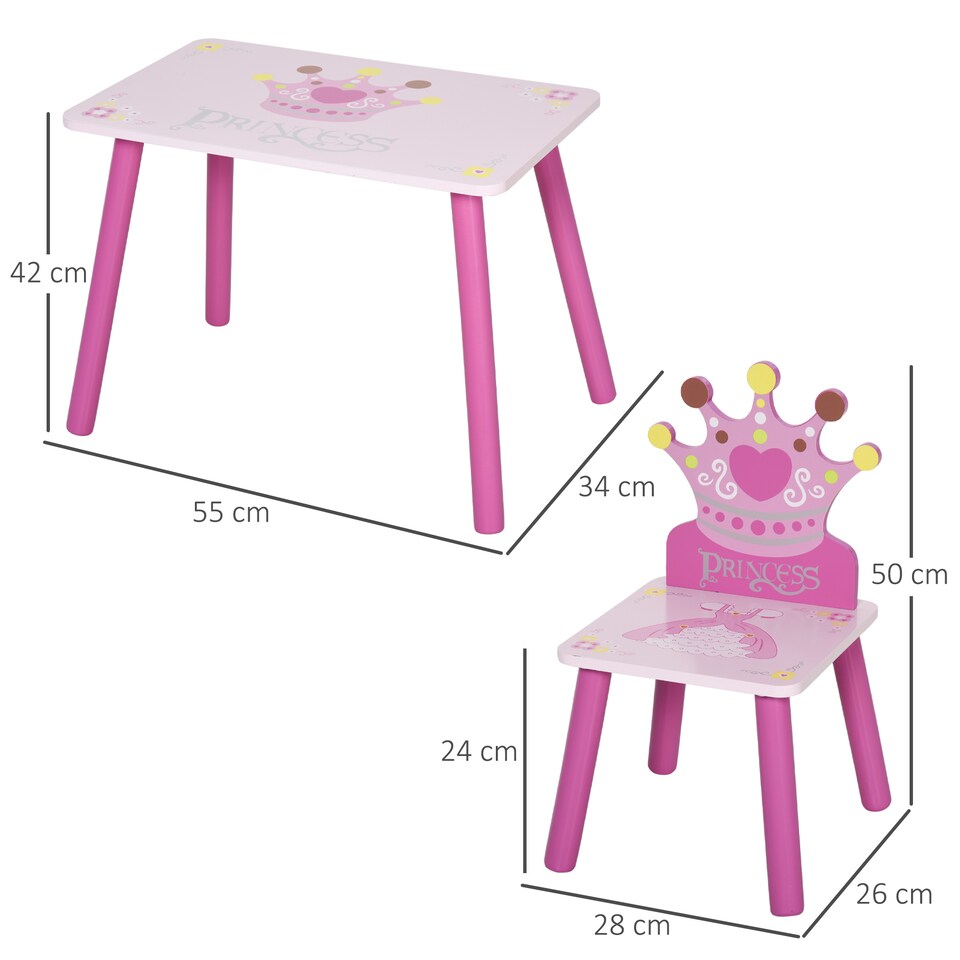 image 1 of HOMCOM 3 Pcs Kids Princess & Crown Chair Table Set Home Furniture 2-4 Yrs | Pink