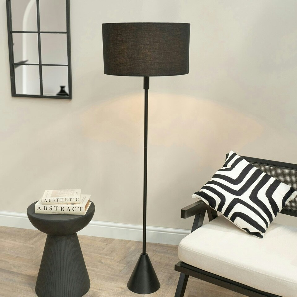 image 1 of ValueLights Mitch Black Fabric Drum Lamp Shade Black Wood Single Stem Triangle Floor Lamp Black