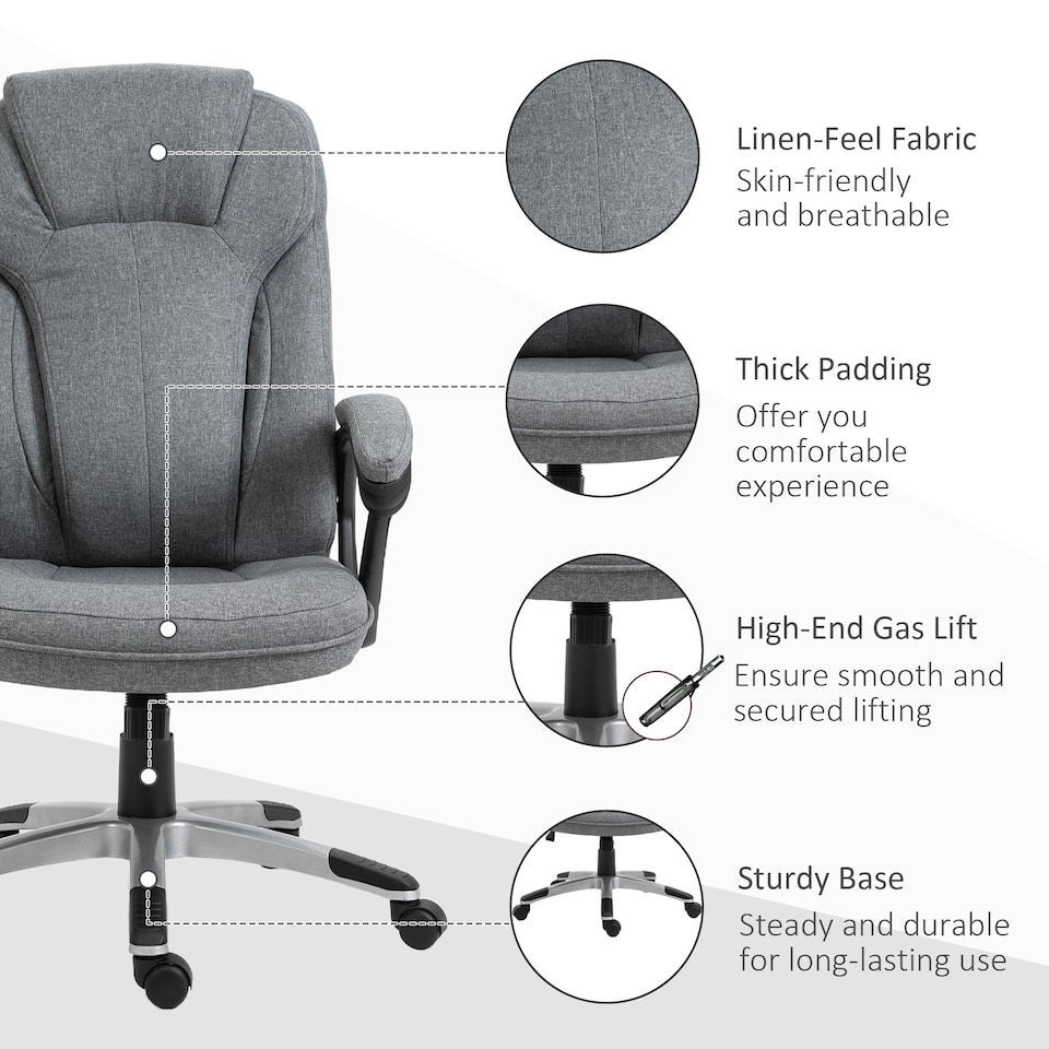 image 1 of Vinsetto Office Chair, Linen Fabric Desk Chair, Height Adjustable Computer Chair with Padded Armrests, Swivel Wheels and Tilt Function, Grey