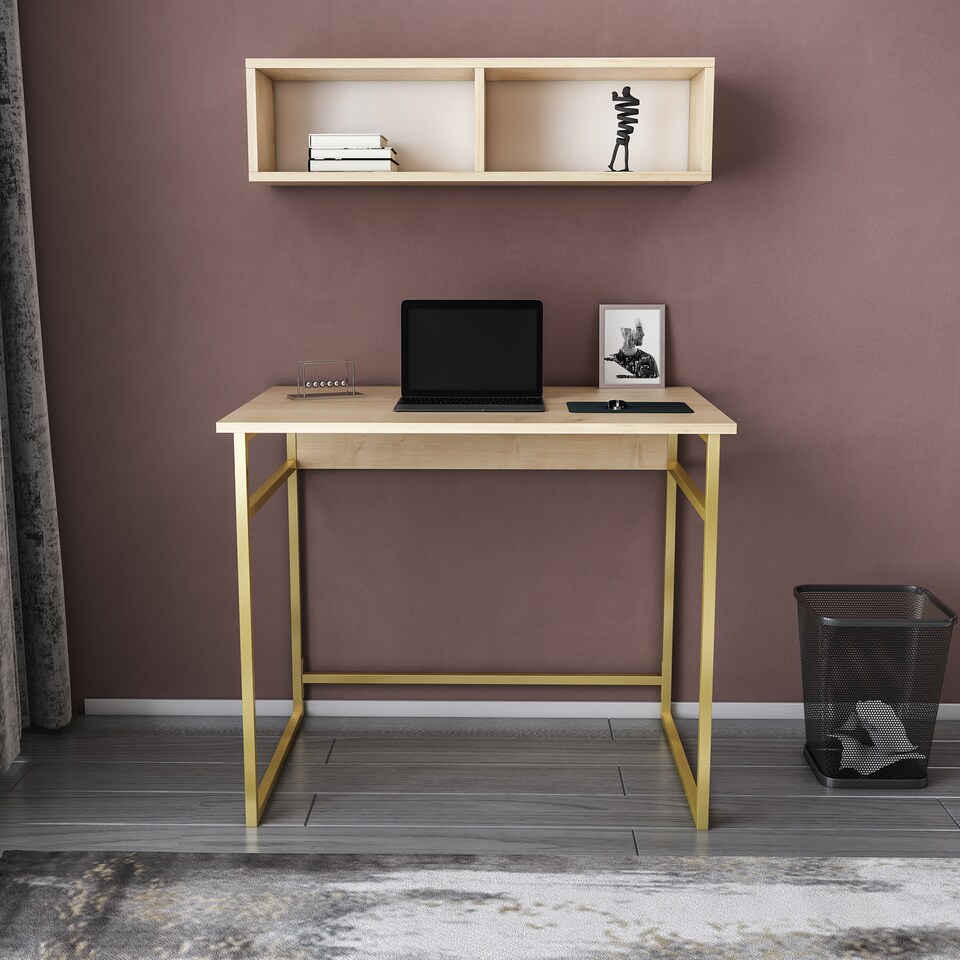 image 1 of Decorotika Hussum Metal Frame Computer Desk with Wall Shelf - 90 cm W x 75 cm H x 60 cm D