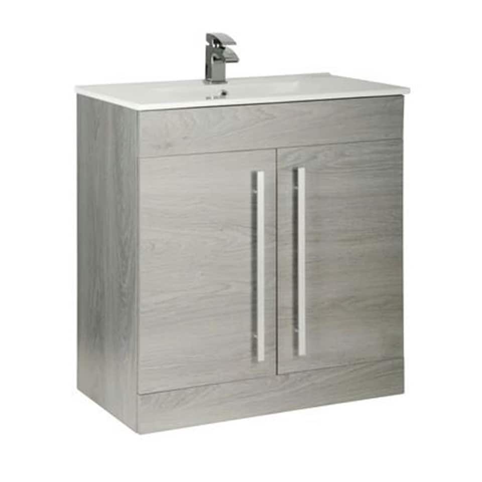 image 1 of Bathroom 2-Door Floor Standing Vanity Unit with Mid Depth Ceramic Basin 800mm Wide - Silver Oak  - Brassware Not Included | Brown | Brown | 1