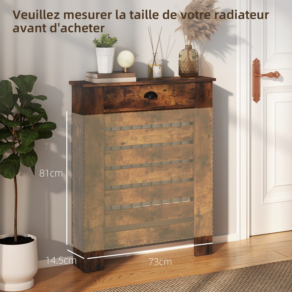 image 1 of HOMCOM Radiator Cover with Drawer, Horizontal Slat, 78cm | Brown | Rustic Brown | 78W x 19D x 95.5H cm