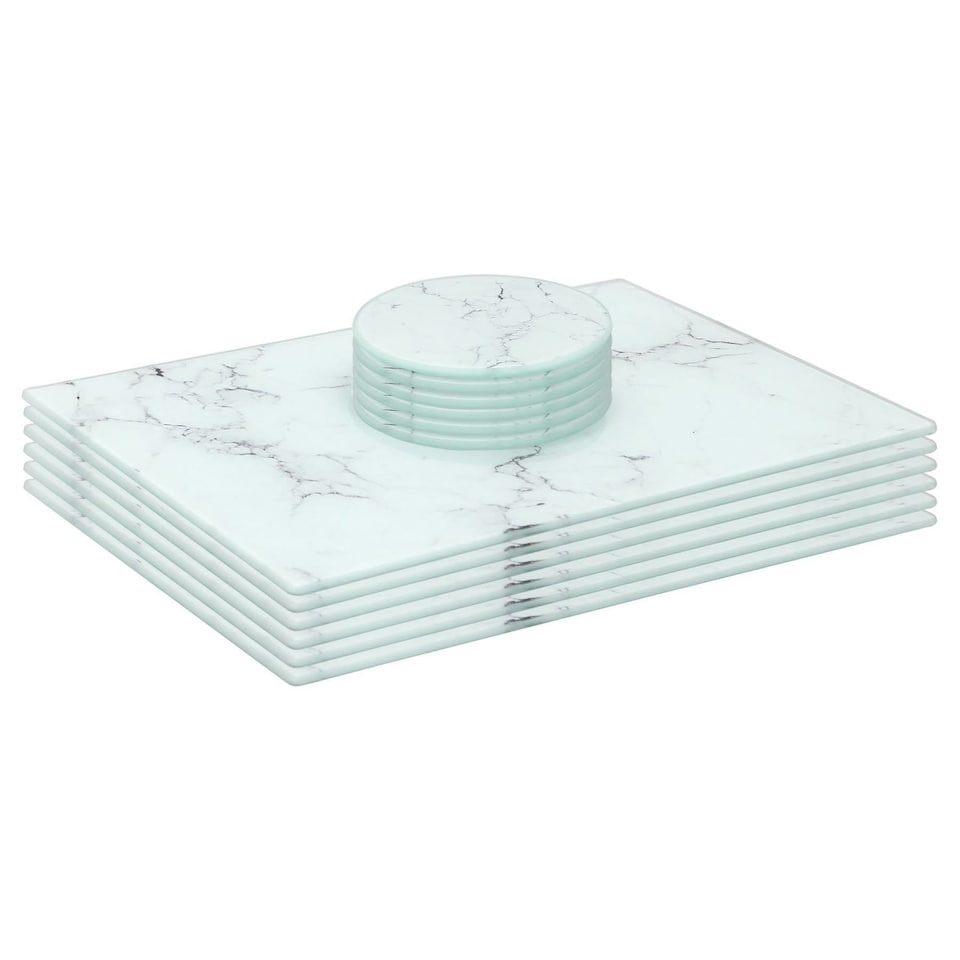 image 1 of Harbour Housewares Rectangular Glass Placemats & Round Coasters Set - Marble - 12pc Dining Set White