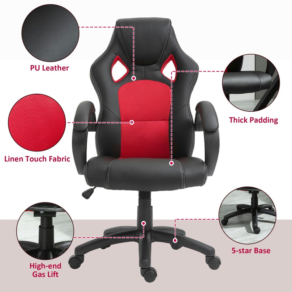 image 1 of Vinsetto Racing Gaming Chair Swivel Office Gamer Chair with Wheels, Red