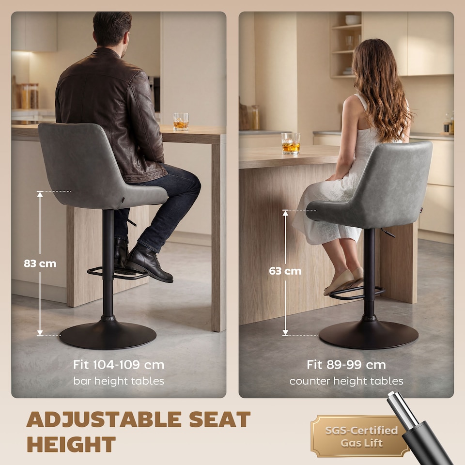 image 1 of HOMCOM PU Leather Padded Bar Stools Set of 2 with Metal Base, Dark Grey