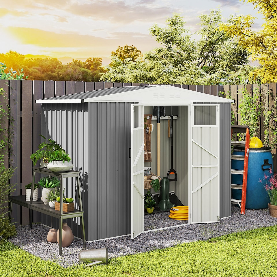 image 1 of Outsunny 8 x 4 ft Garden Storage Shed, Outdoor Metal Shed, Light Grey | Grey | Light Grey | 1