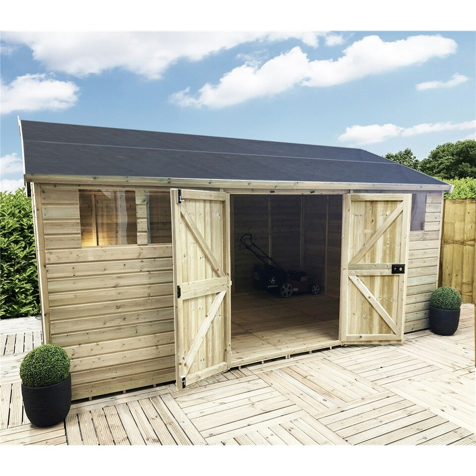 image 1 of 10 x 14 REVERSE Pressure Treated T&G Apex Wooden Workshop / Garden Shed - Double Doors (10' x 14' / 10ft x 14ft) (10x14)