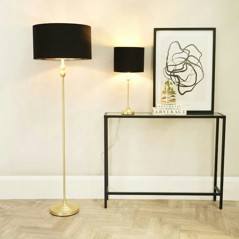 image 1 of ValueLights Maggie Gold Metal Candlestick Floor Lamp with Black and Metallic Gold Lamp Shade and LED Bub