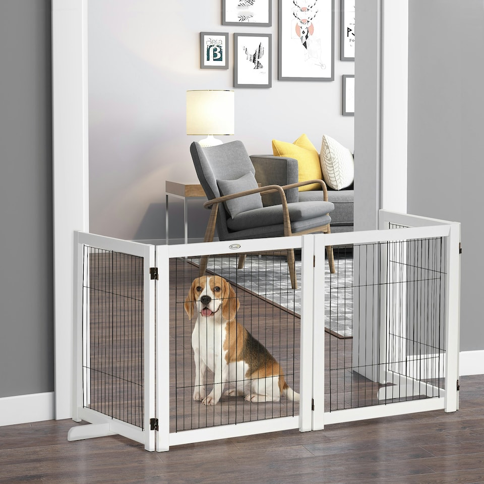 image 1 of PawHut Freestanding Pet Gate Safety Barrier 4 Pannel with Support Feet White